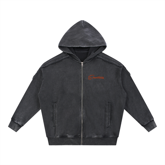 Snow Washed Tape Raw Edge Zip Hoodie